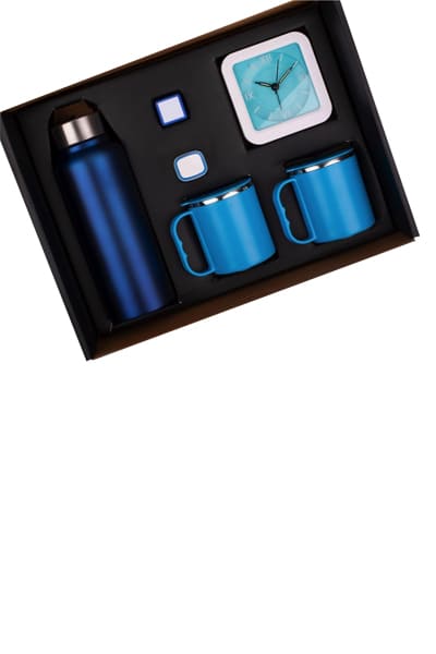 PowerPlus Q68 6 in 1 set: Steel Water bottle (750ml), Silicon mobile stand, Glowing Car charger, Glow Clock, Two Stainless steel mugs