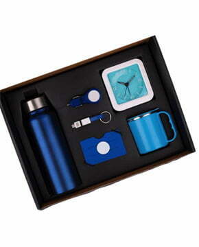 PowerPlus Q65 6 in 1 set: Steel Water bottle (750ml), Silicon mobile wallet, Charging cable with keychain, Glowing Car charger, Glow Clock, SS mug